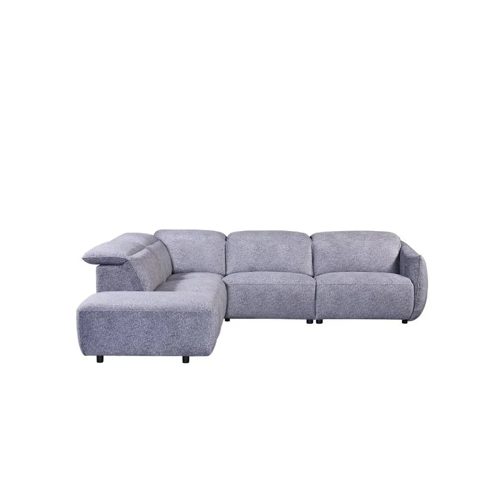 Grey fabric corner sofa with wide seats and low backrest, left chaise lounge sectional