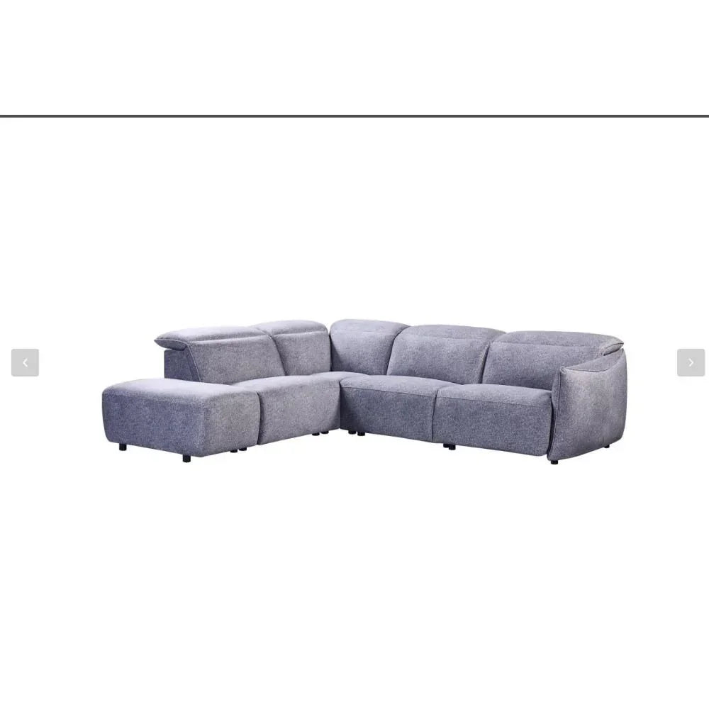 Grey corner sofa with low backrest and wide seats, upholstered in textured fabric