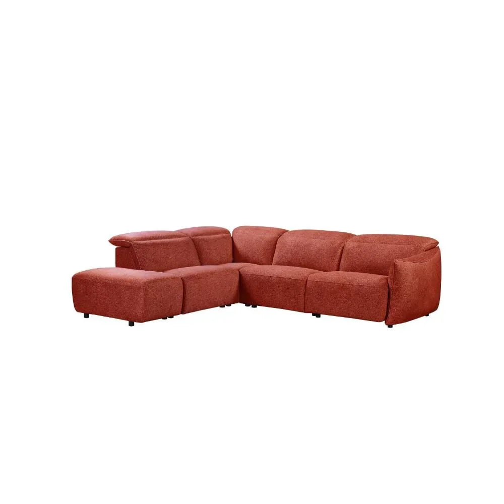 Red fabric corner sofa with chaise lounge and plush cushions, shown on white background