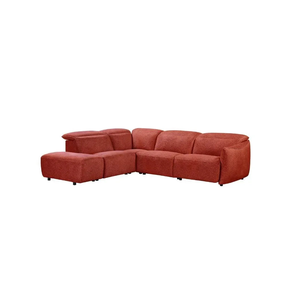 Red fabric corner sofa with wide seats and low backrest, left-facing chaise