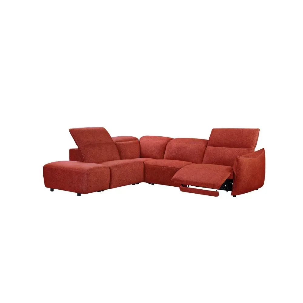 Red fabric corner sofa with adjustable headrests and extended footrest on right side