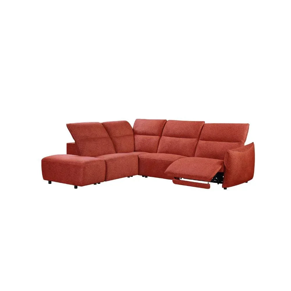 Red fabric corner sofa with reclining seat and chaise lounge, modern sectional design