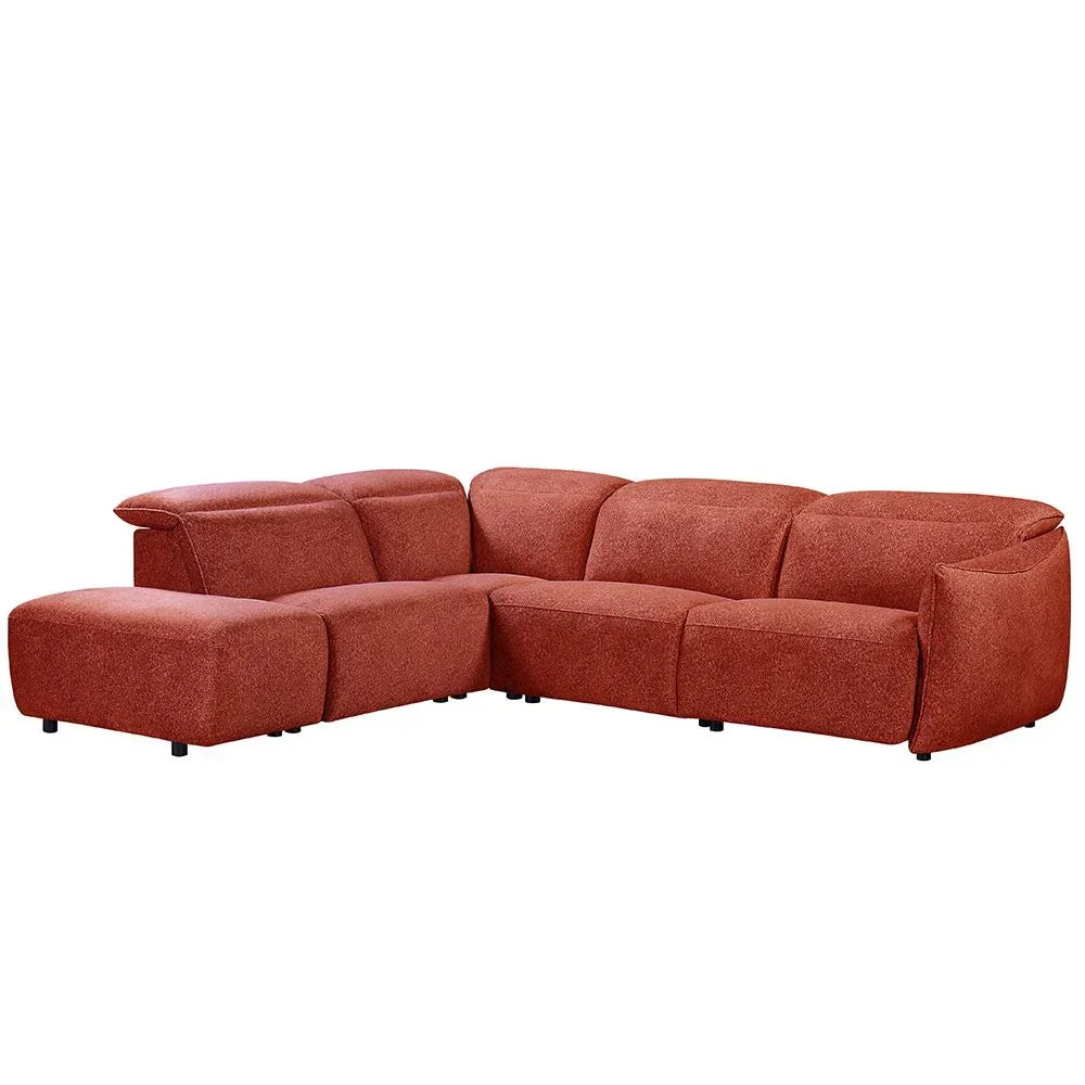 Rust fabric corner sofa with chaise and low backrest, modern sectional seating design