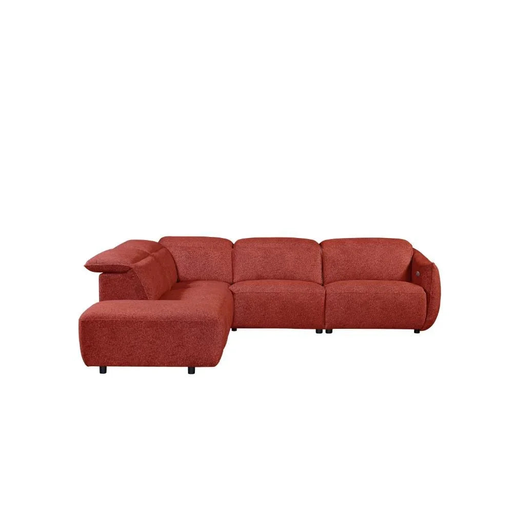 Red fabric corner sofa with left chaise and rounded edges on white background