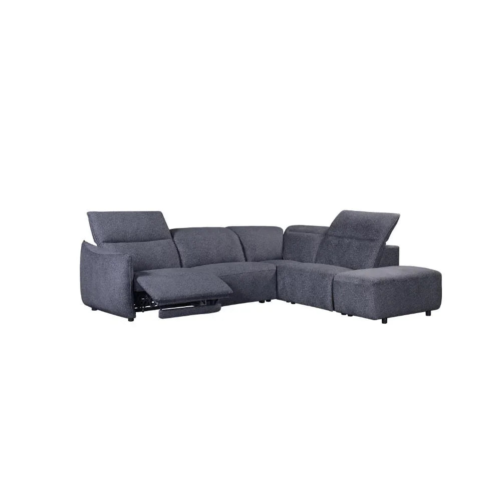 Grey fabric corner sofa with reclining seat and chaise lounge section, modern design