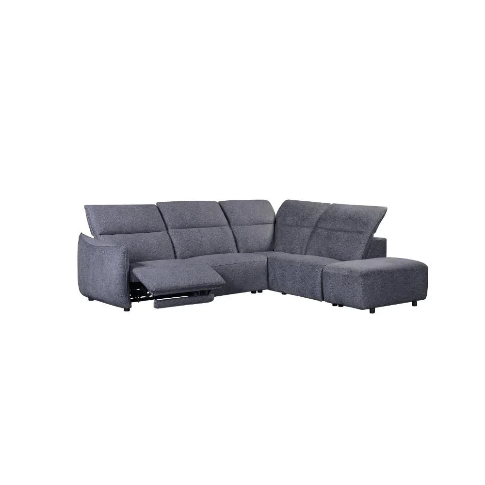 Grey fabric corner sofa with chaise and built-in recliner on white background