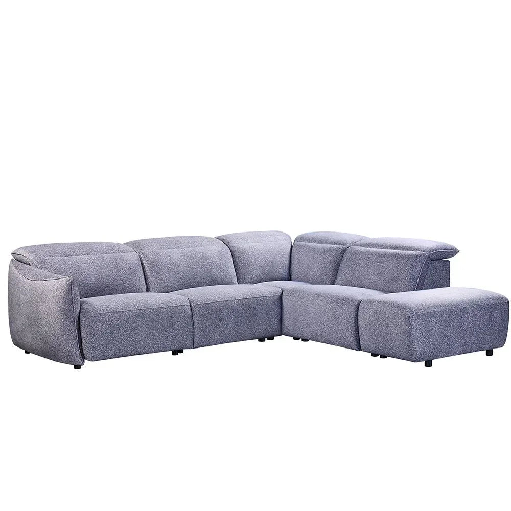 Grey fabric corner sofa with chaise and wide armrests on black feet