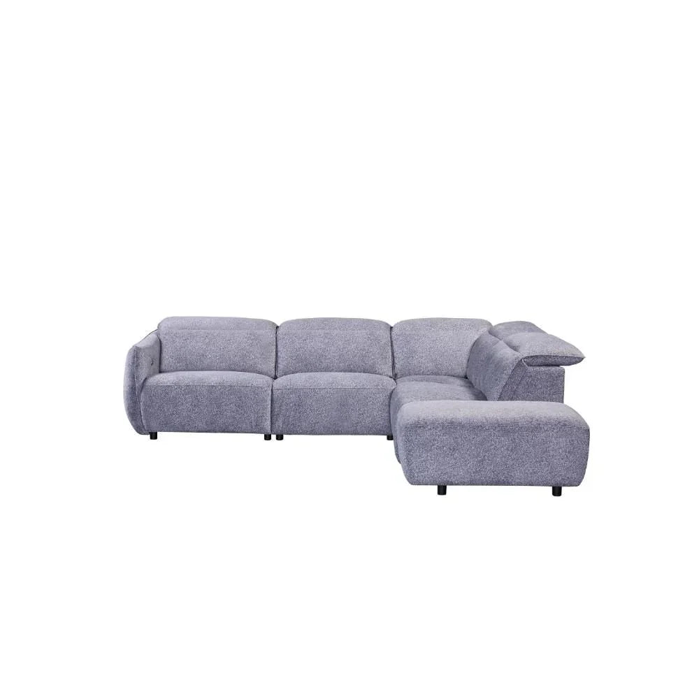 Grey corner sofa with chaise and padded backrest on white background