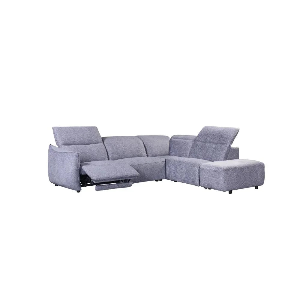 Grey corner fabric sofa with recliner seat and adjustable headrests on white background