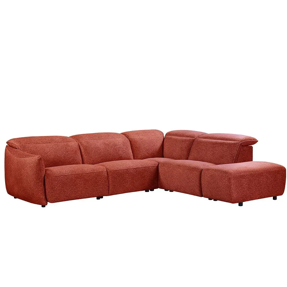 Red fabric corner sofa with plush cushions and chaise lounge section on the right