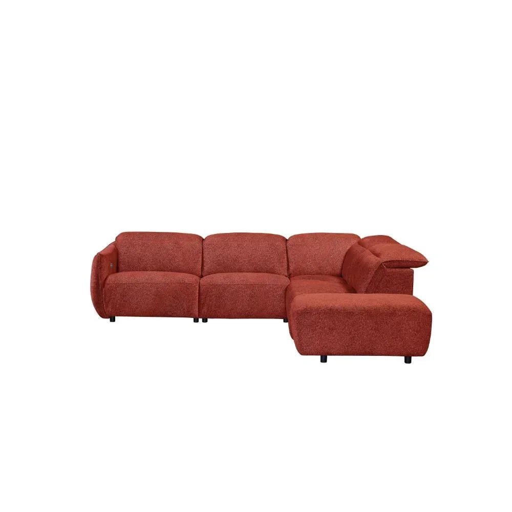 Rust textured corner sofa with chaise and low black legs, viewed from the front