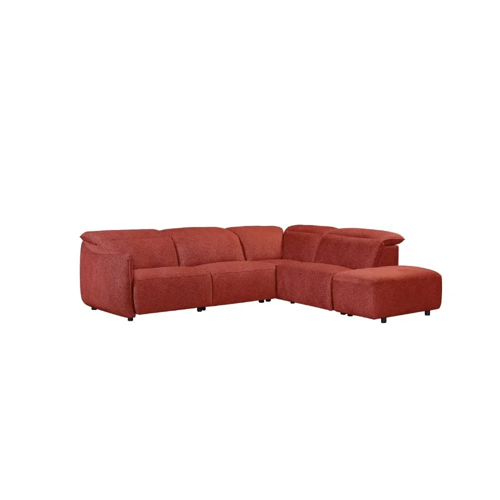 Red fabric corner sofa with chaise lounge and plush cushions