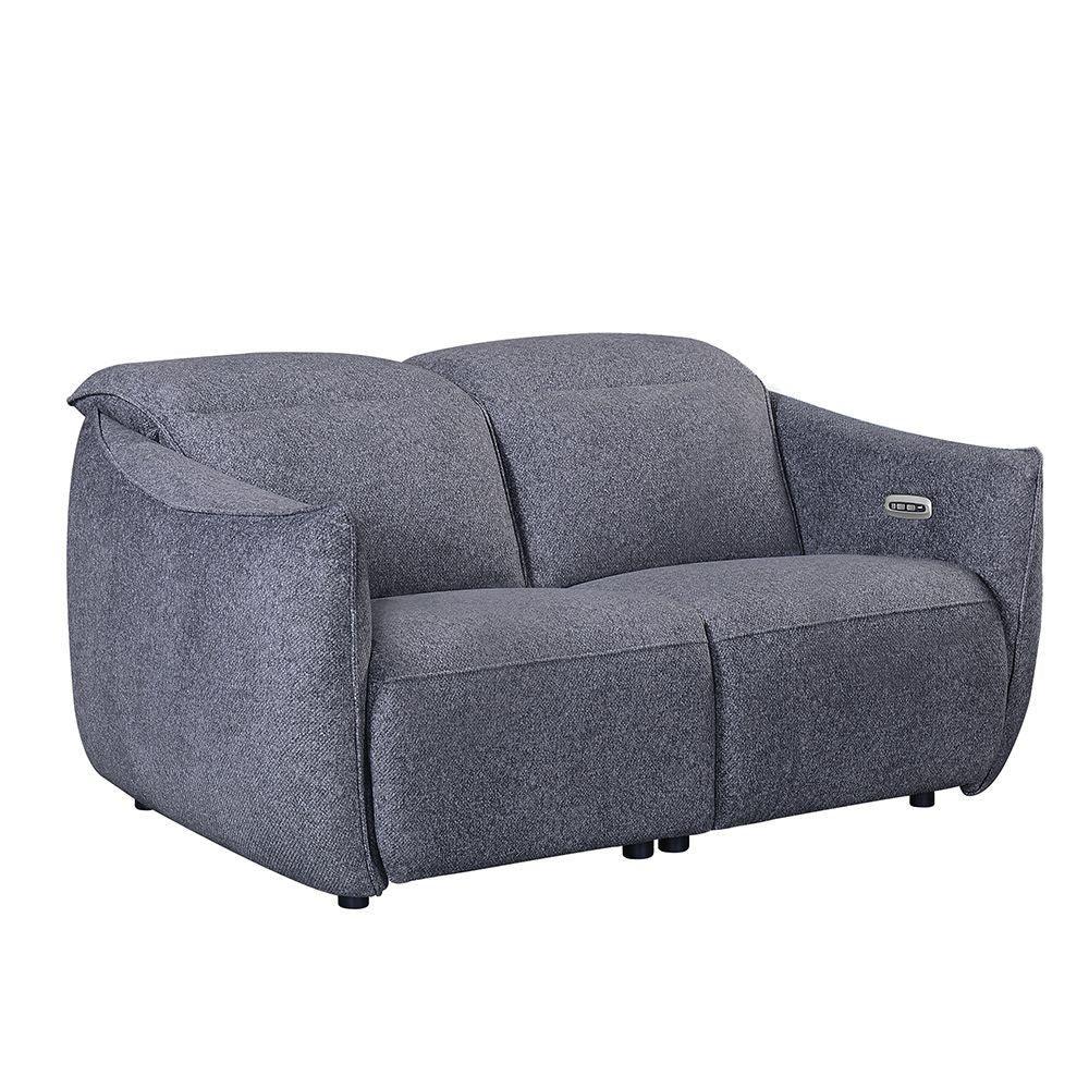 Grey fabric two-seater sofa with plush cushions and wide armrests, angled front view