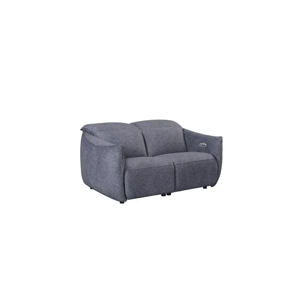 Grey fabric reclining two-seater sofa with padded arms and plush backrest, front view