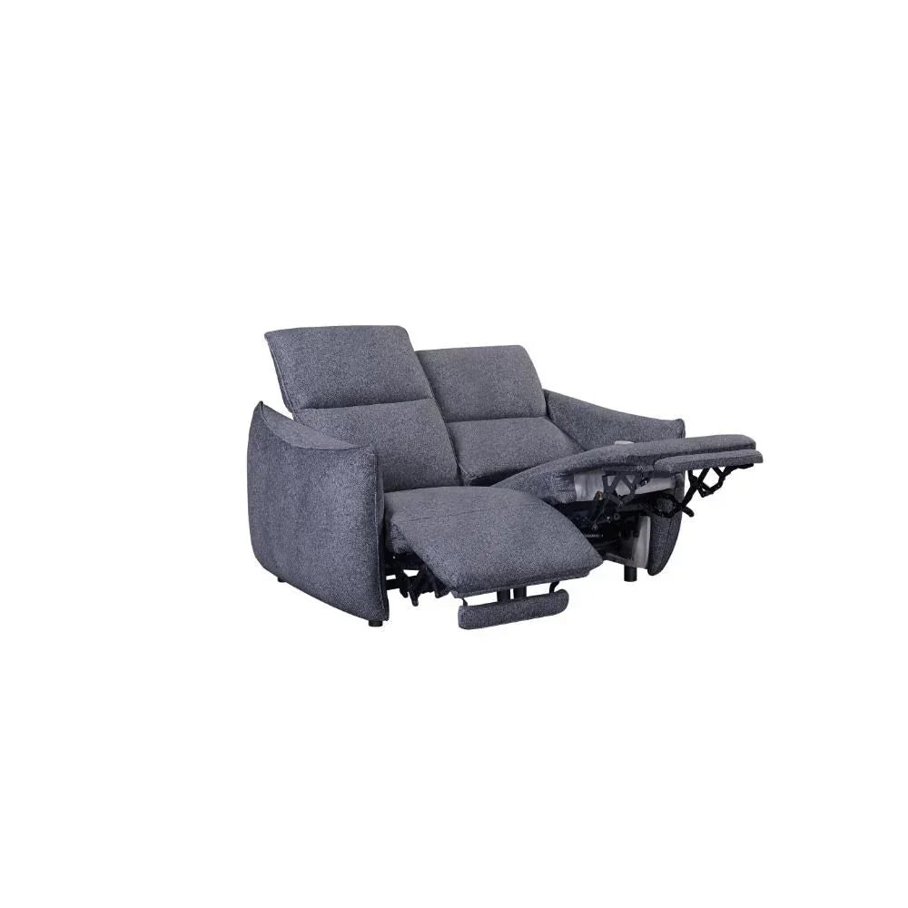 Grey fabric recliner sofa with extended footrests, side angle view