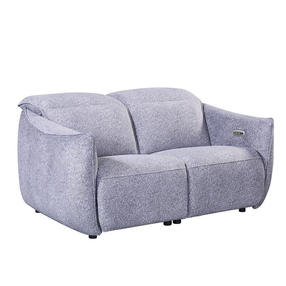 Light grey fabric two seater sofa with wide padded arms and soft cushioned backrest