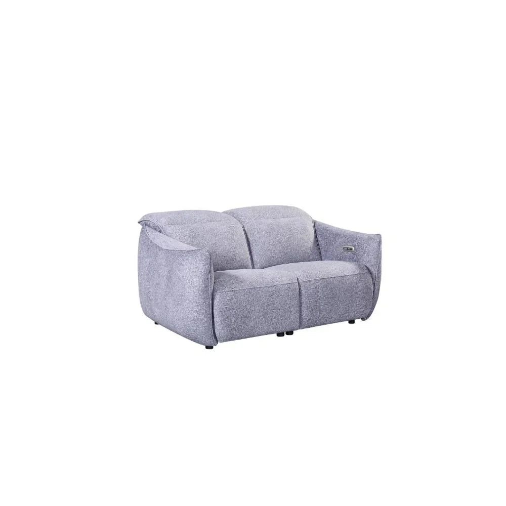 Grey fabric two-seater sofa with padded arms and backrest, front angle view