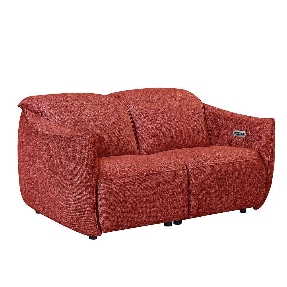 Red fabric two seater sofa with plush cushions and modern design, angled front view