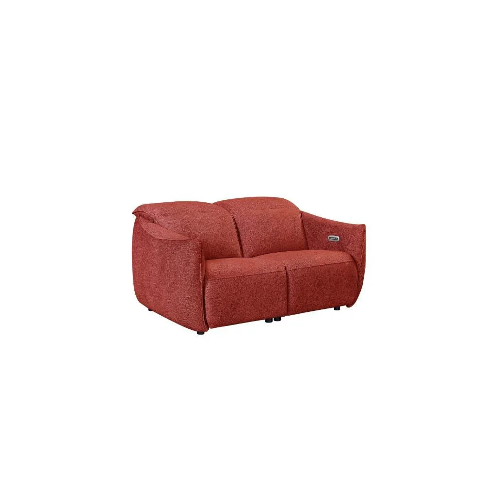 Red fabric two seater sofa with curved arms and plush cushions, front angle view