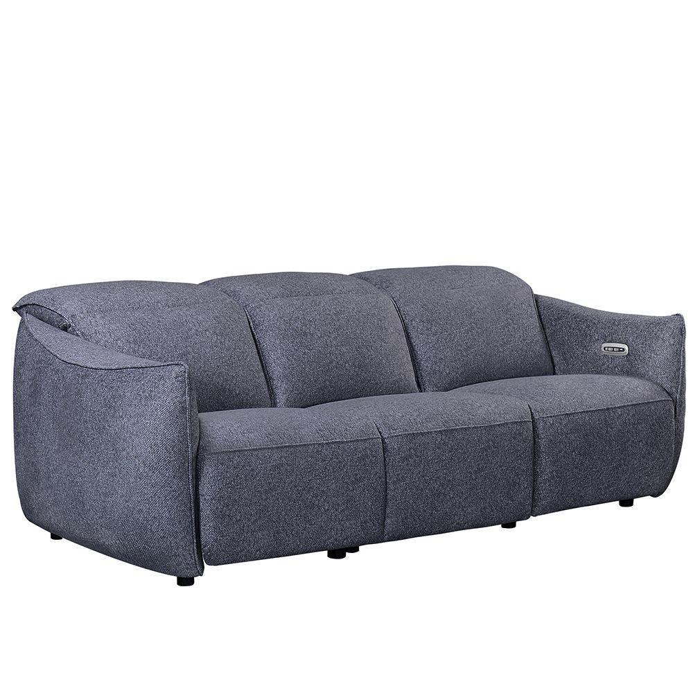 Grey fabric three-seater sofa with wide arms and modern design on a white background