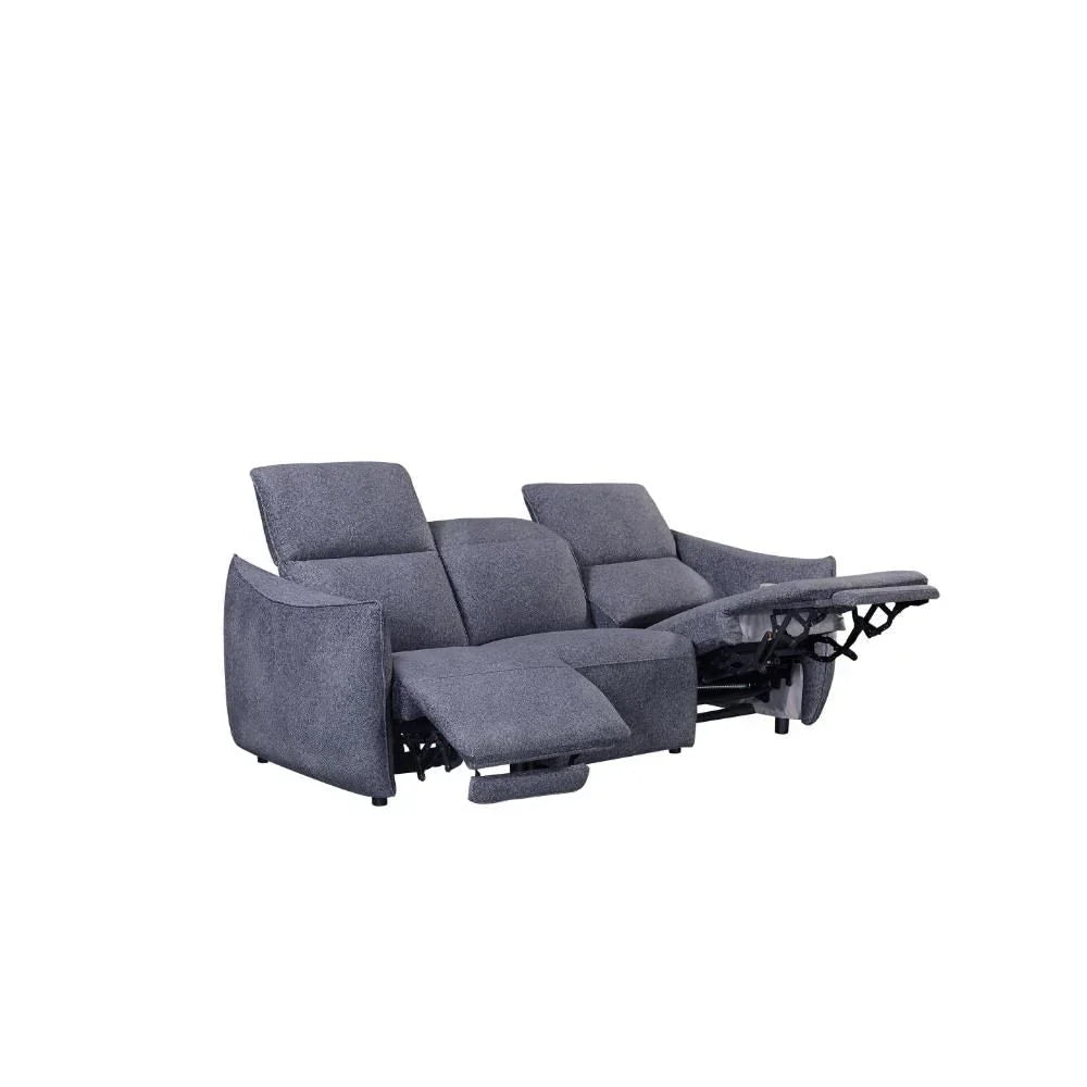Grey fabric recliner sofa with extended footrests and angled armrests