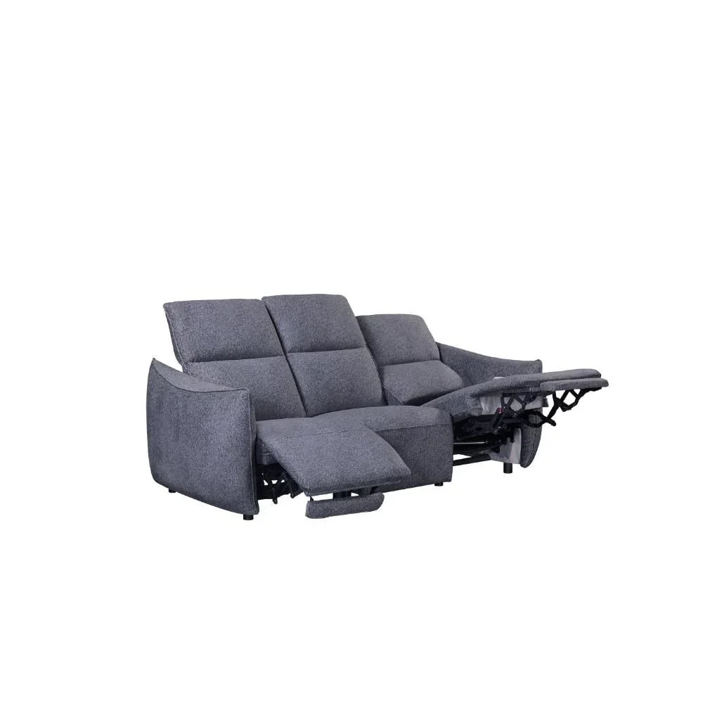 Grey fabric recliner sofa with extended footrest, three seats, modern design