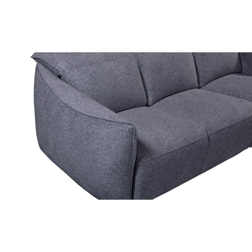Grey fabric sofa with plush seat and back cushions, angled armrest detail visible