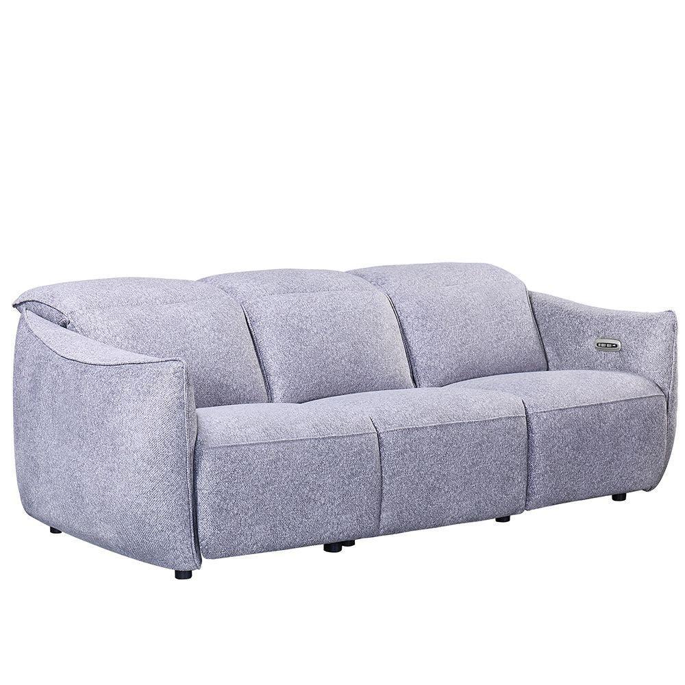 Grey fabric three seater sofa with curved arms and tufted backrest