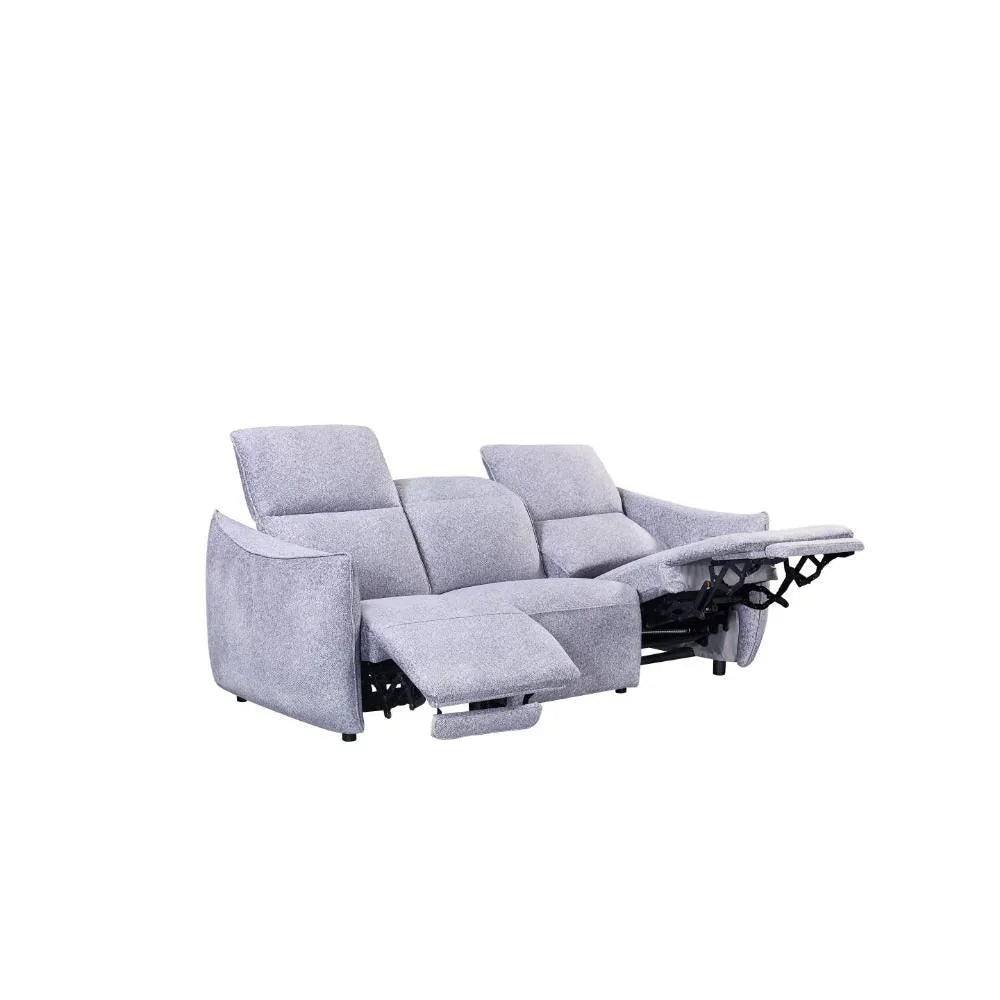 Light grey fabric recliner sofa with extended footrests and high backs, front angle view