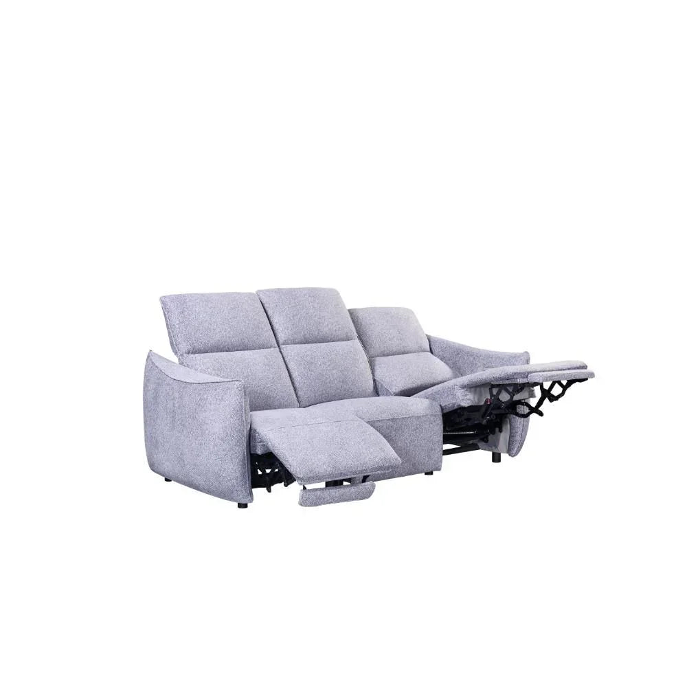 Grey fabric recliner sofa with extended footrests and cushioned seats, side angle view