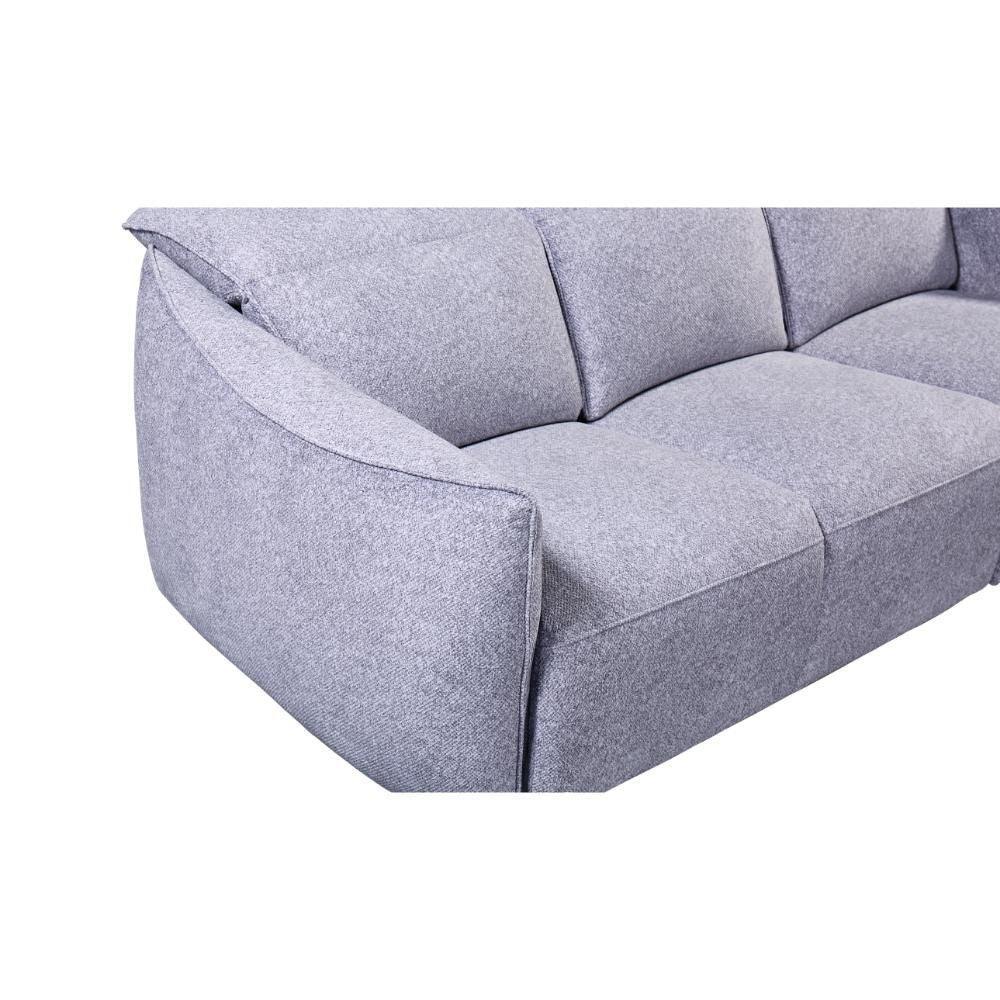 Light grey fabric sofa with curved armrest and cushioned seats, close side view