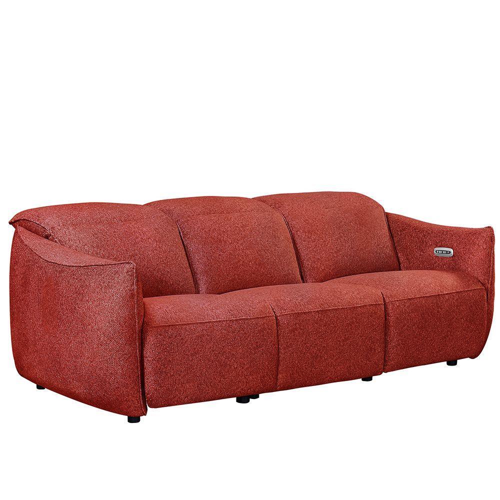 Red fabric three seater sofa with curved armrests and plush seat cushions