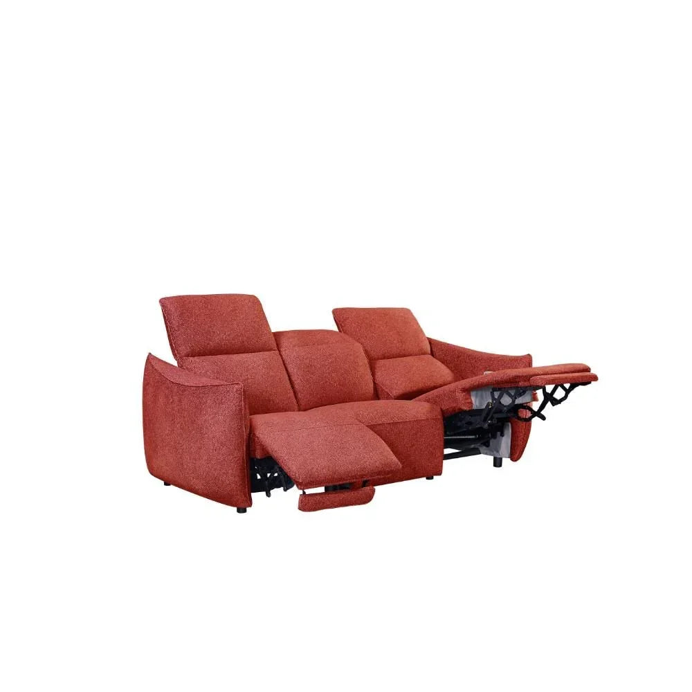 Red fabric recliner sofa with extended footrests, modern design, front angle view