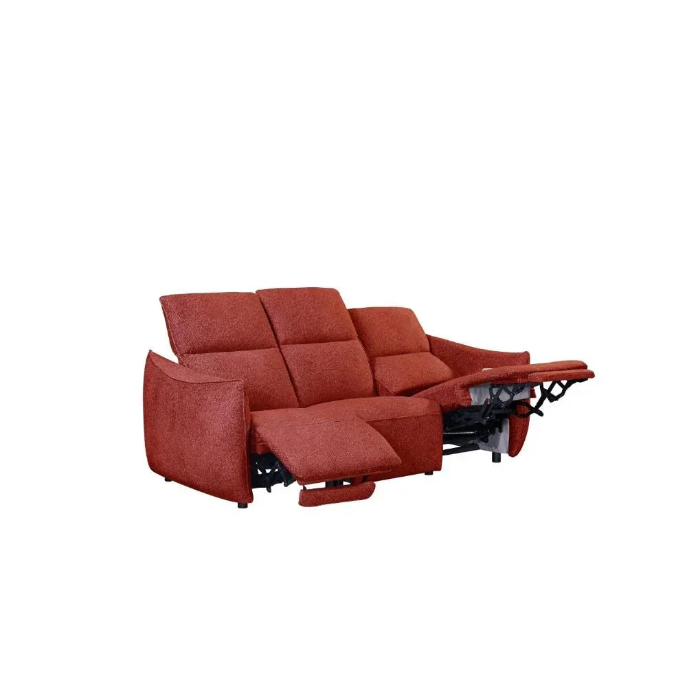 Red fabric recliner sofa with extended footrests, modern design, three seat configuration