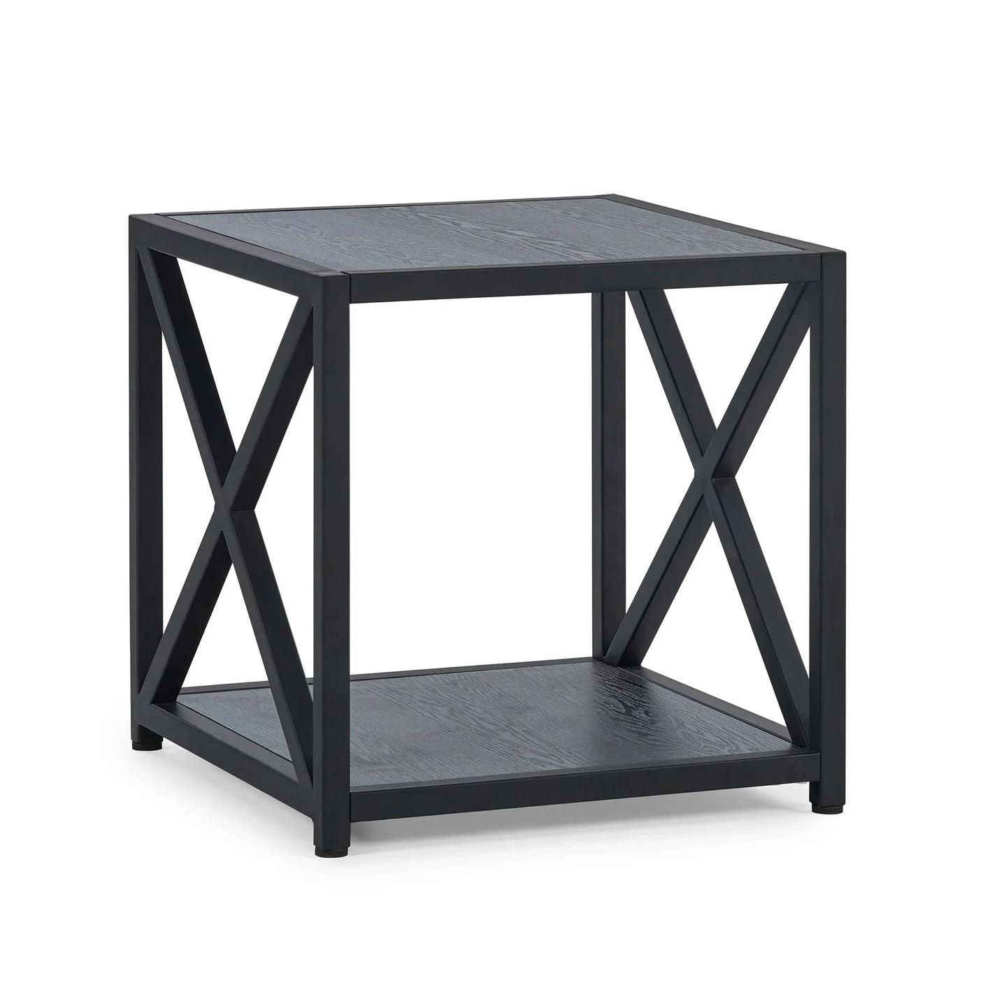 Black metal table lamp side table with open frame and lower storage shelf