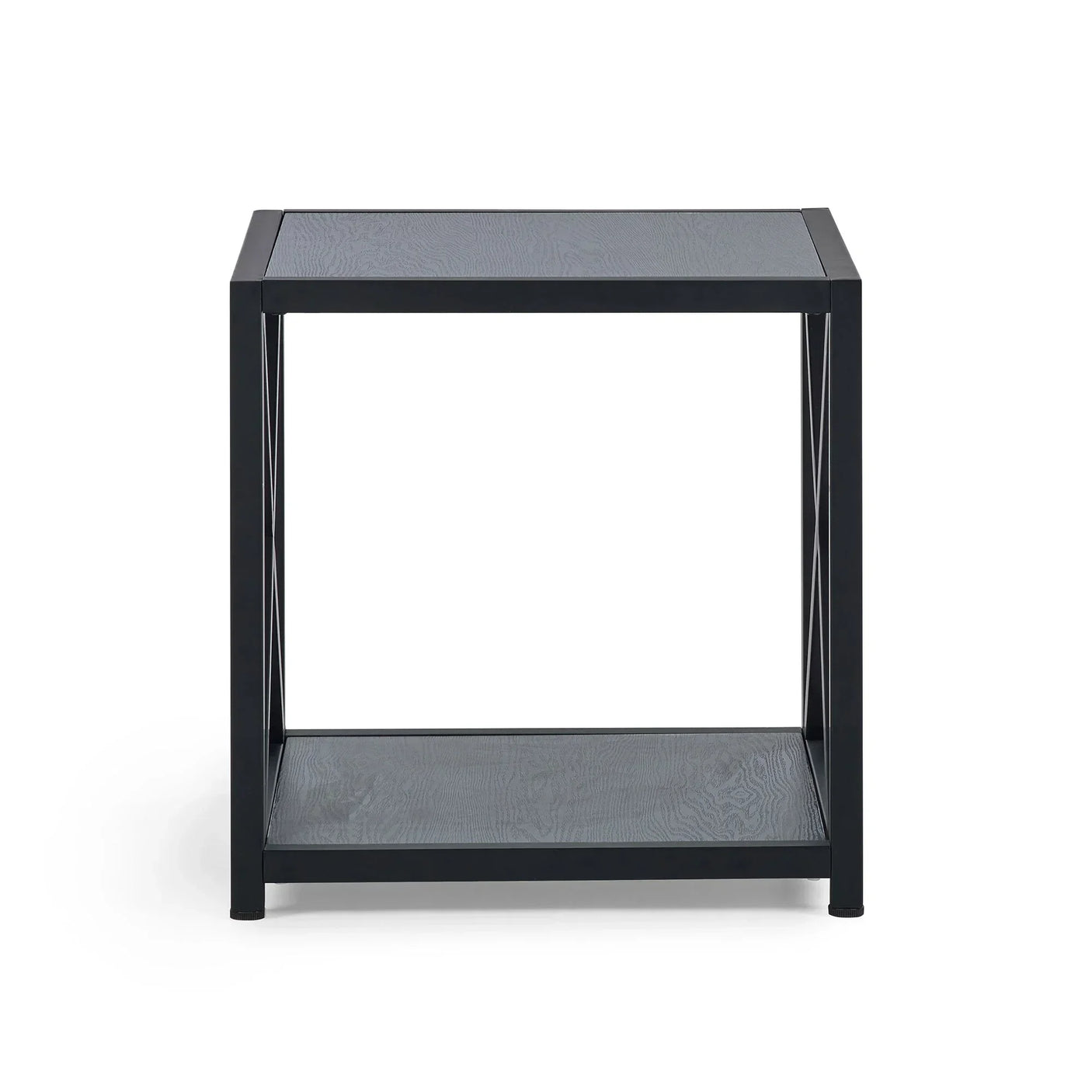 Black metal table lamp side table with open frame and lower shelf, front view