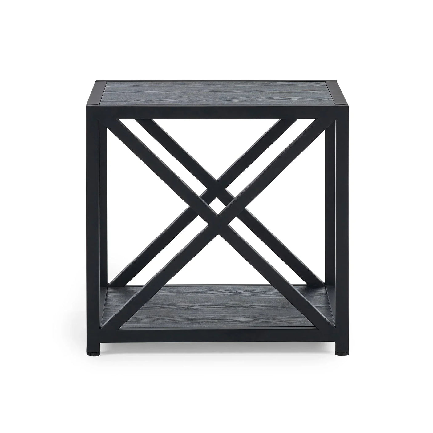 Black wood table lamp side table with geometric metal frame and lower shelf, front view