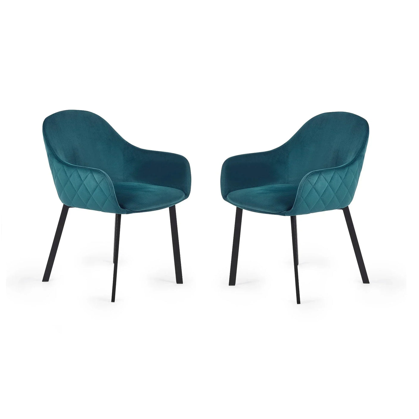 Teal velvet dining chairs with black metal legs and quilted side detailing, front angle view