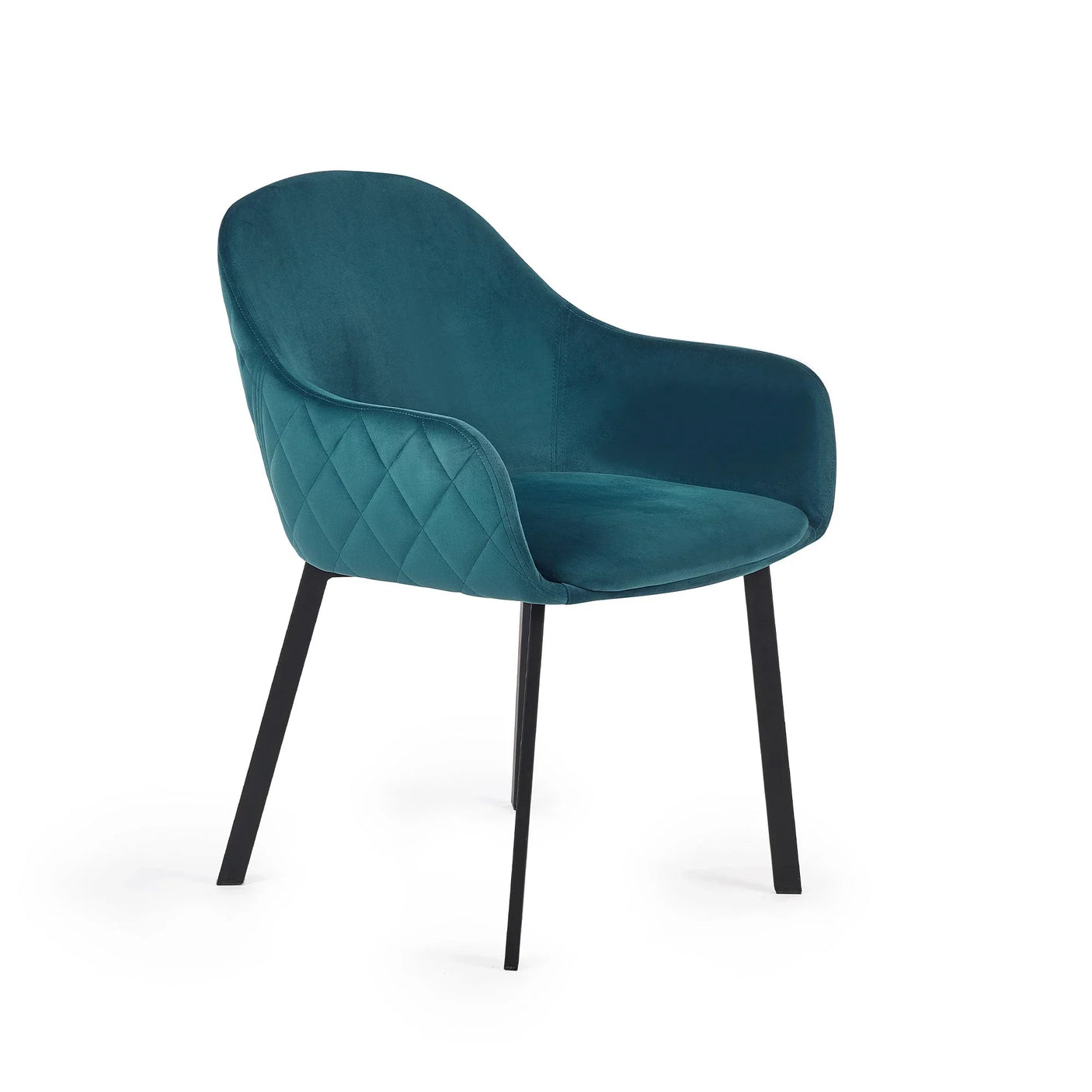 Teal velvet dining chair with quilted side detail and black metal legs, angled view