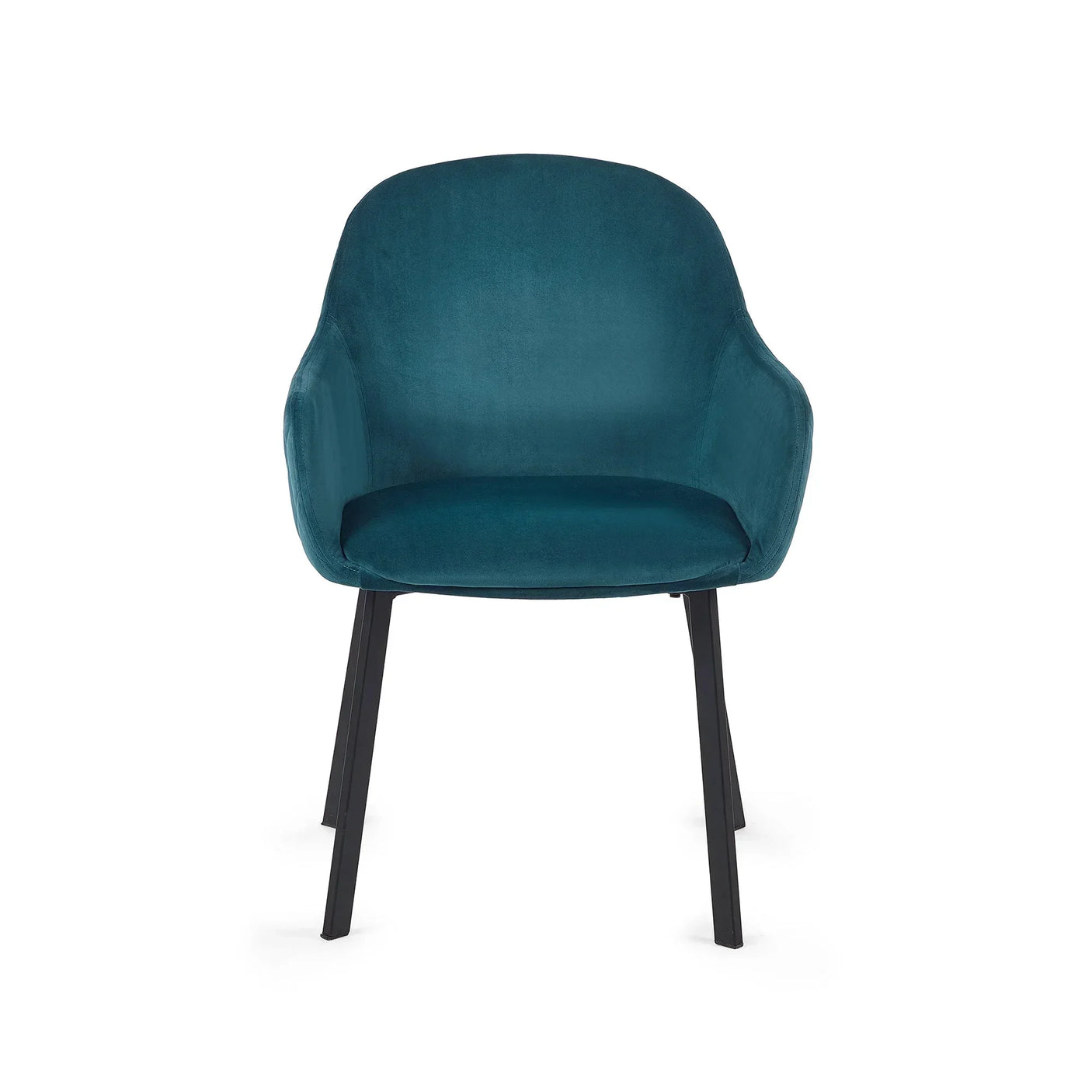 Teal fabric dining chair with curved backrest and black metal legs, front view