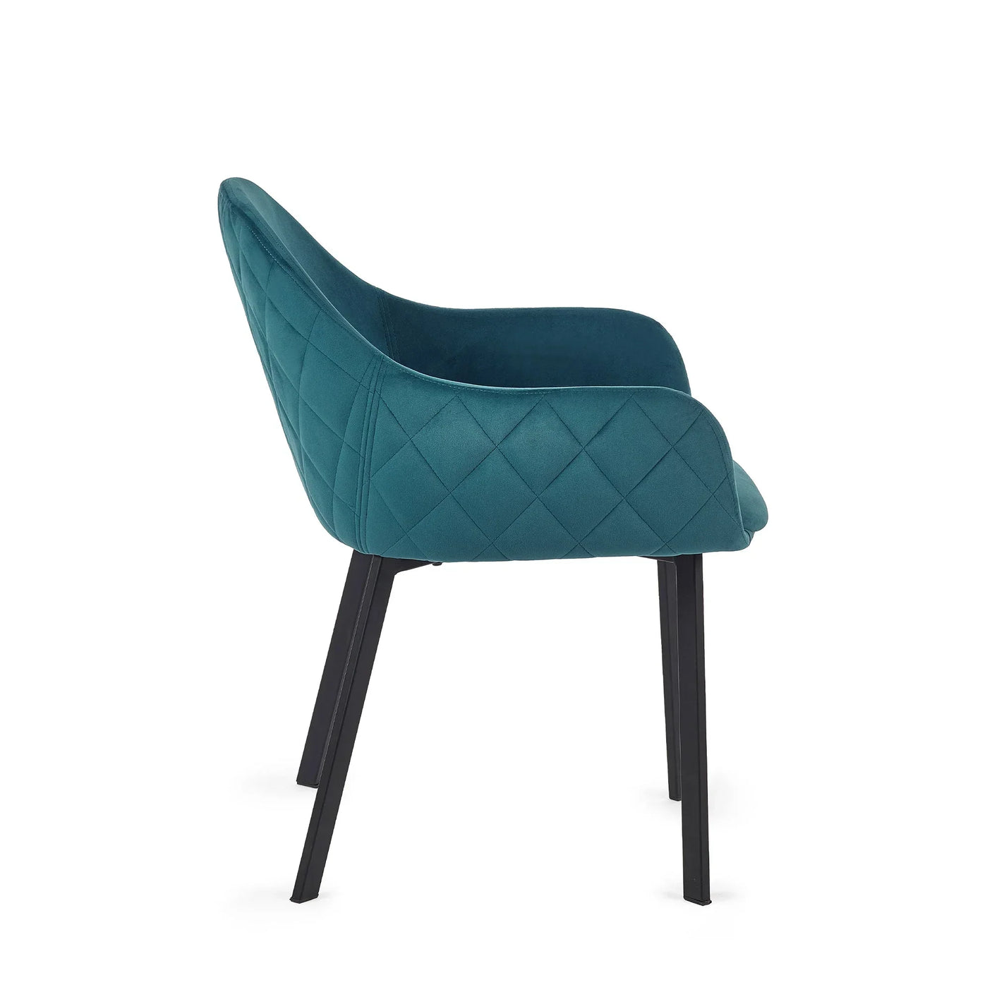 Teal velvet dining chair with quilted backrest and black metal legs, side profile view