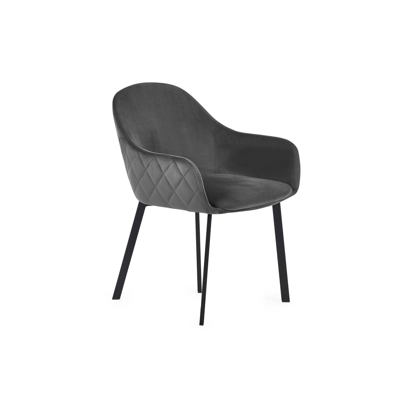 Dark grey velvet dining chair with quilted sides and black metal legs