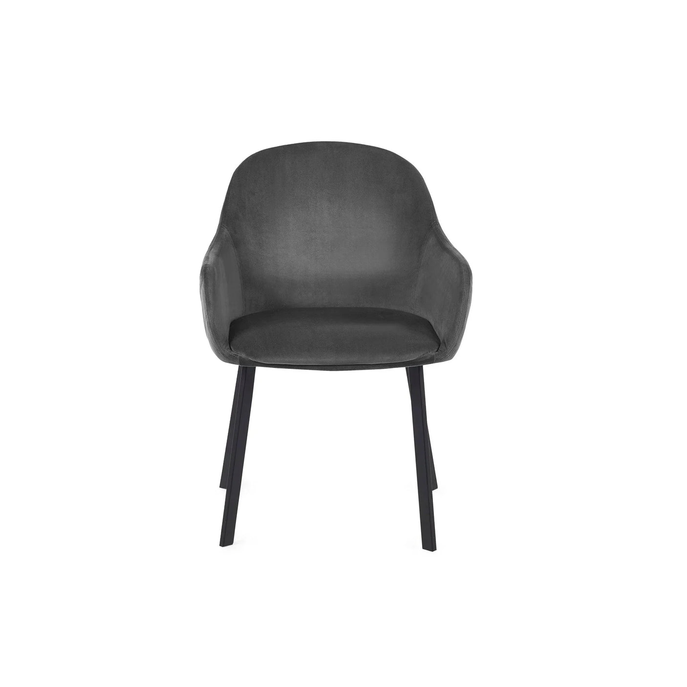 Charcoal velvet dining chair with black metal legs, front view
