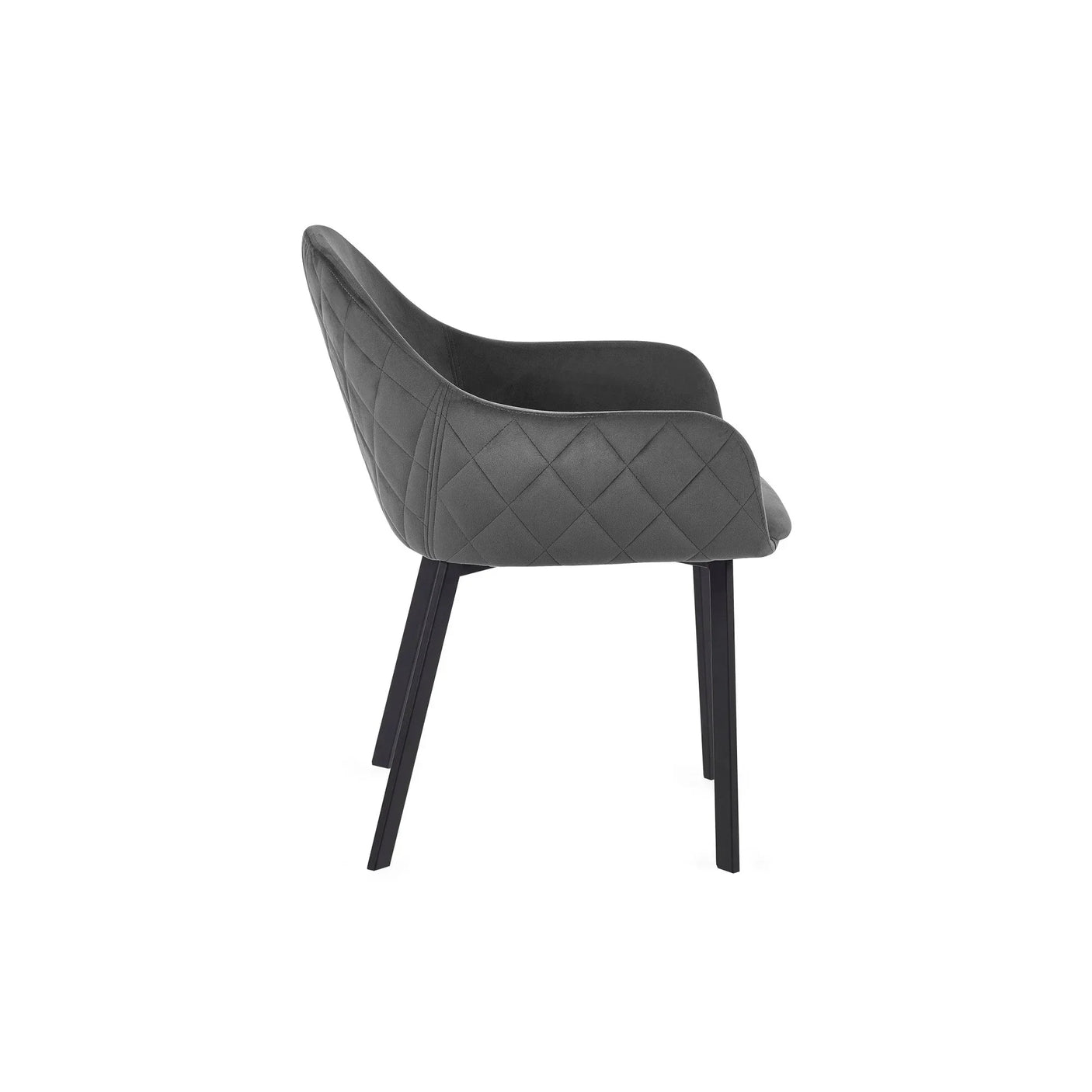 Side view of grey dining chair with quilted fabric and black metal legs