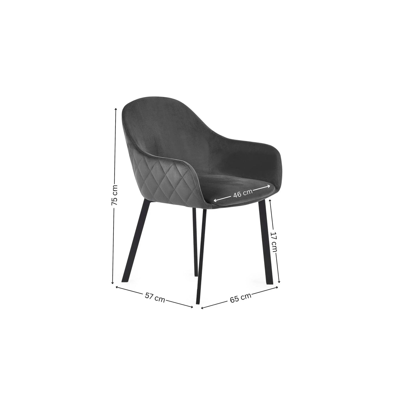 Grey velvet dining chair with quilted sides and black metal legs, shown with dimensions