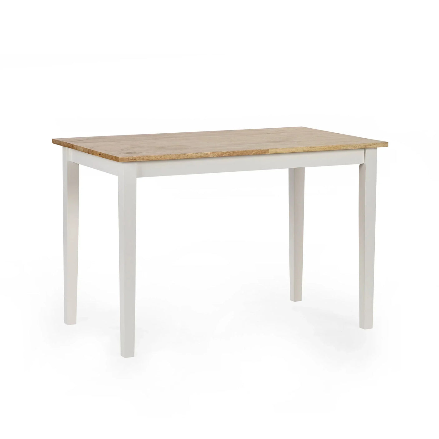 Small dining table with light wood top and white legs on plain background