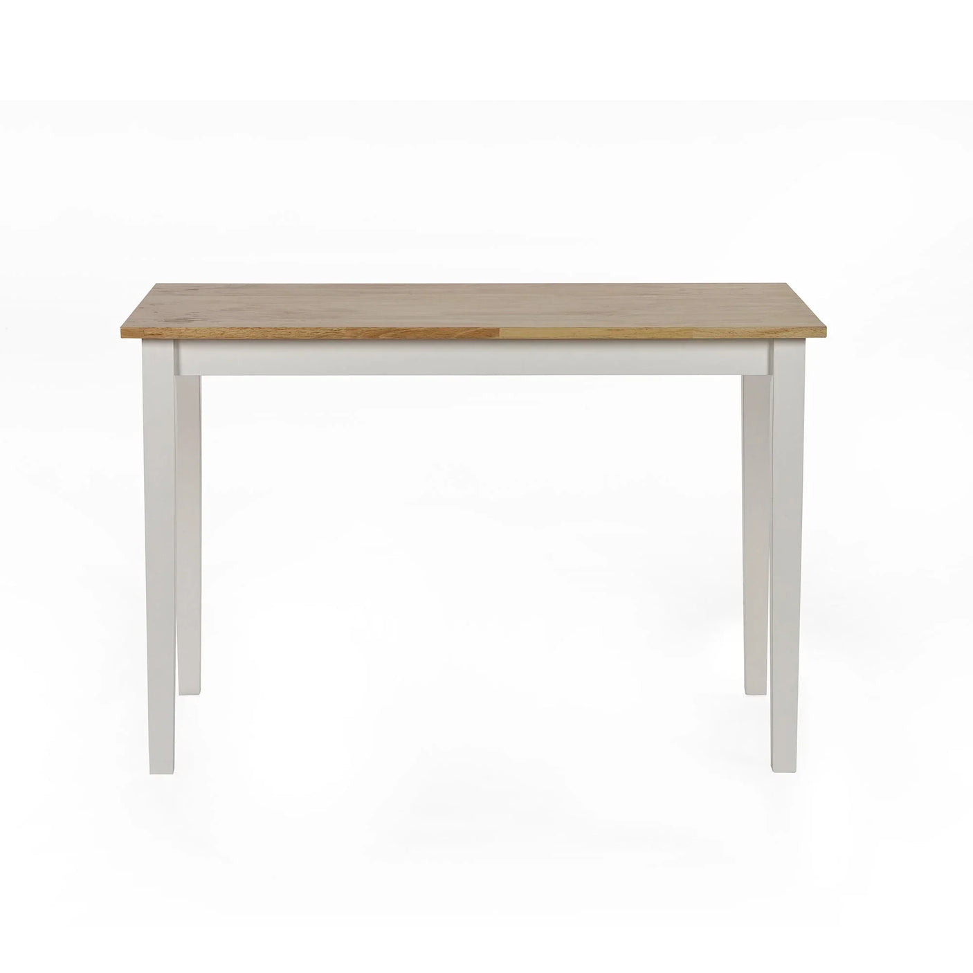 Small dining table with light wood tabletop and white legs, rectangular shape, front view