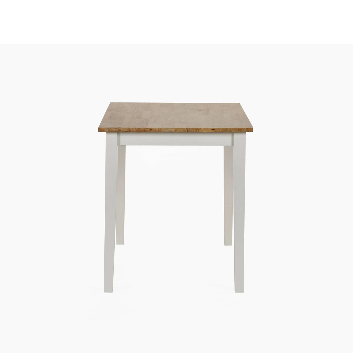 Small dining table with light wood top and white legs, photographed from the front