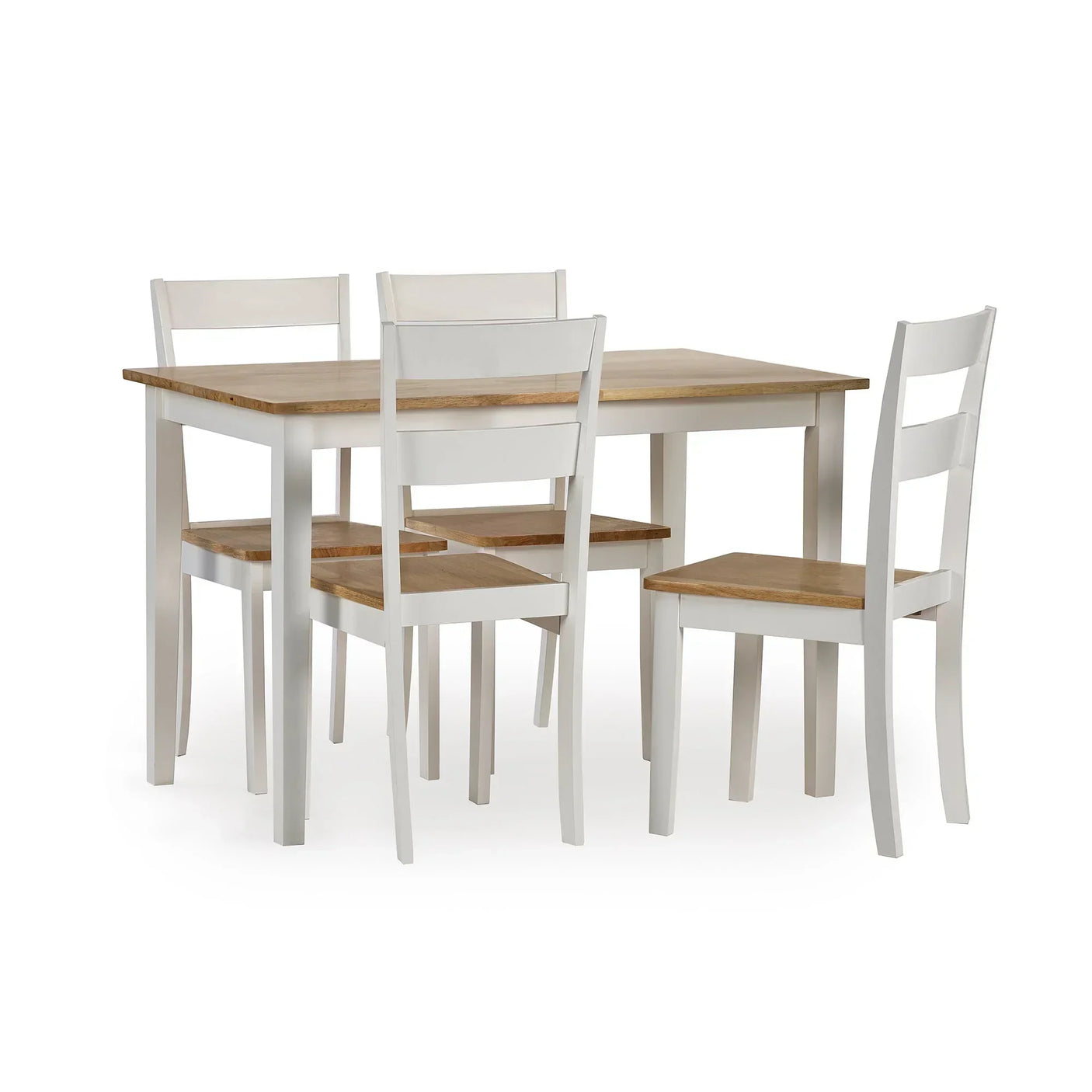 Small dining table set with four white chairs and oak wood tops