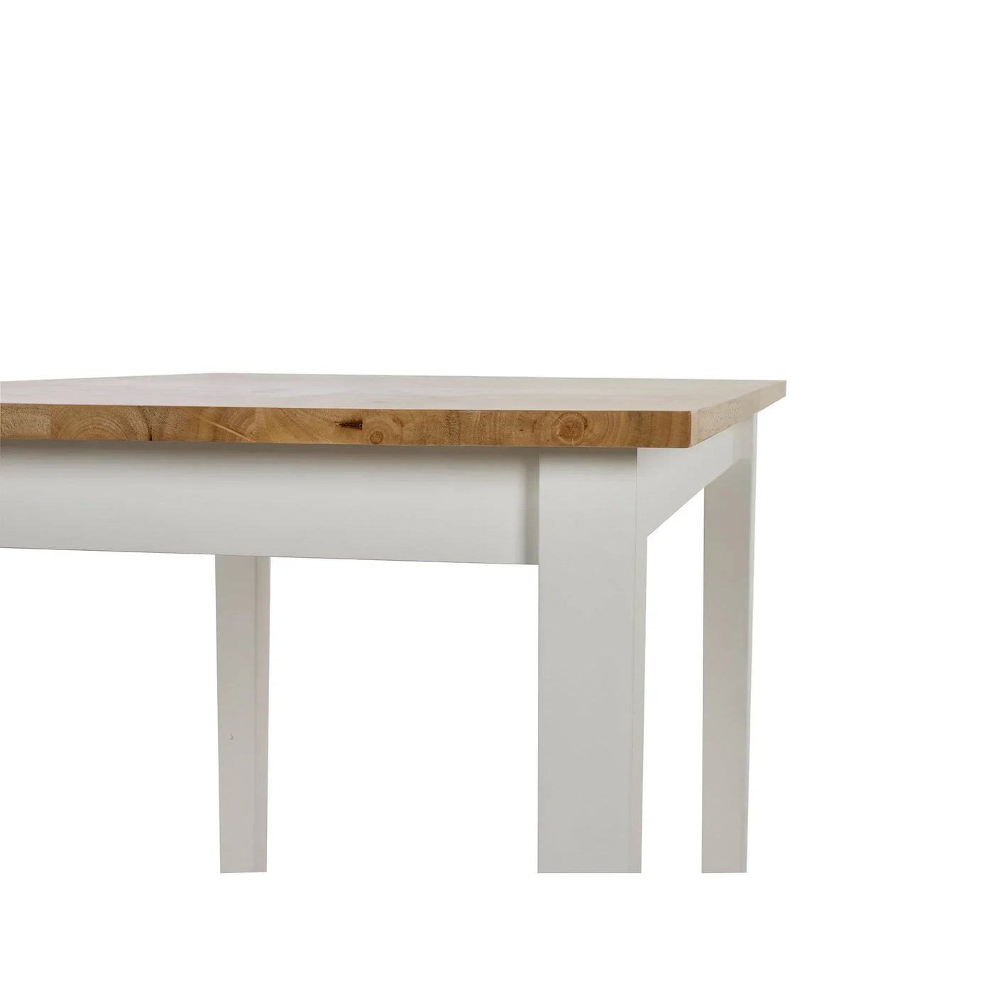 Small dining table with natural wood top and white painted legs, corner detail view